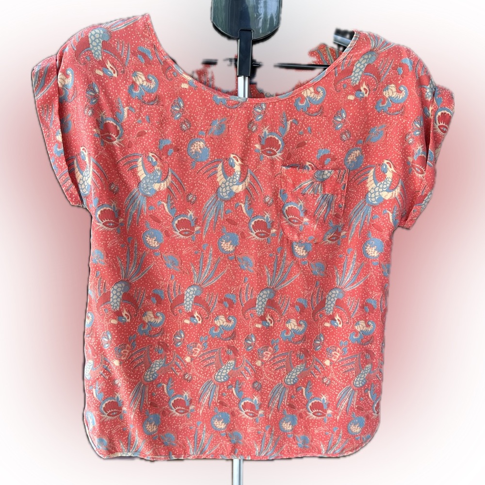 French Connection coral pink silk blouse with a phoenix floral print
